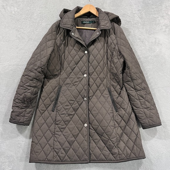 Lauren Ralph Lauren Jacket Womens Large Gray Brown Quilted Snap Lightweight Poly